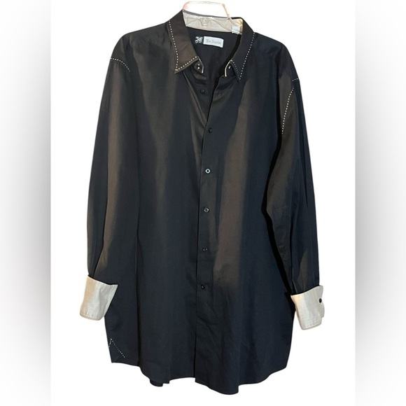 Men’s stylish black button down long sleeve reversible cuffs shirt. 2XL - Picture 1 of 14